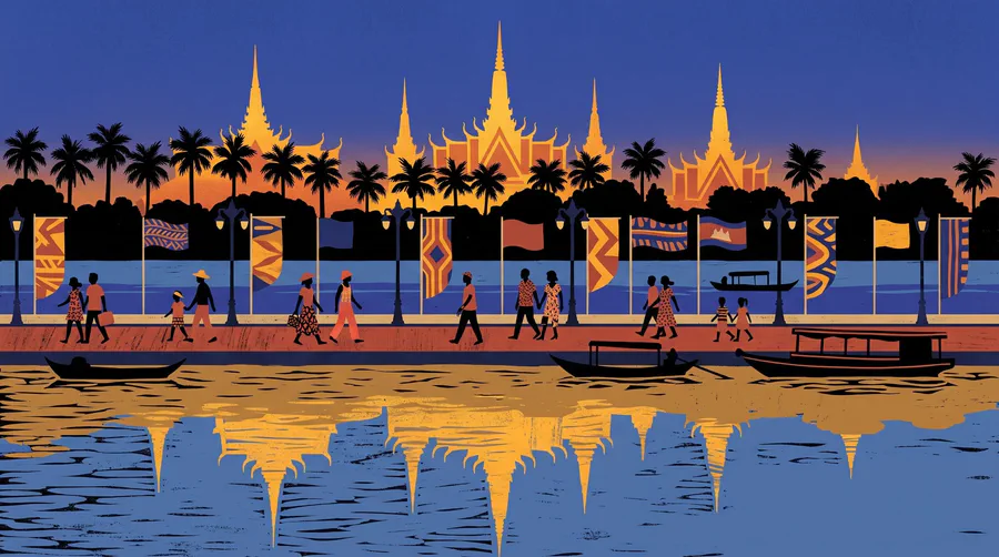 Illustration of a riverfront promenade at dusk, strollers and boats, golden palace spires behind the palms
