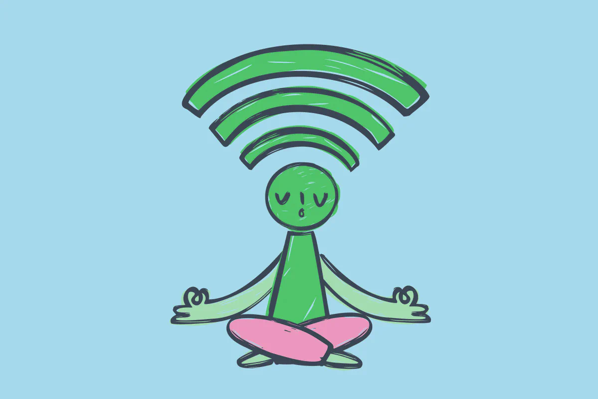 Un personaggio disegnato seduto a gambe incrociate sotto un simbolo wi-fi verde