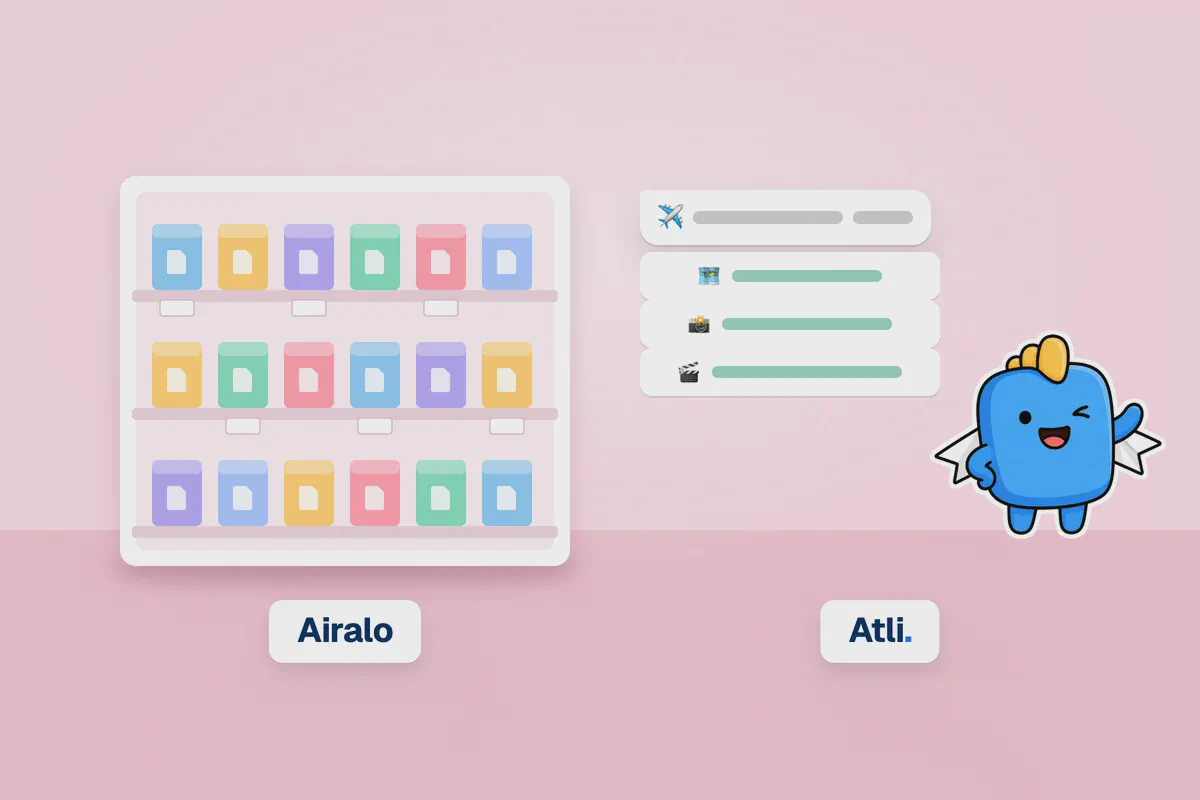 3D smartphone comparison mockup showing Airalo and Atli eSIM on an electric blue background