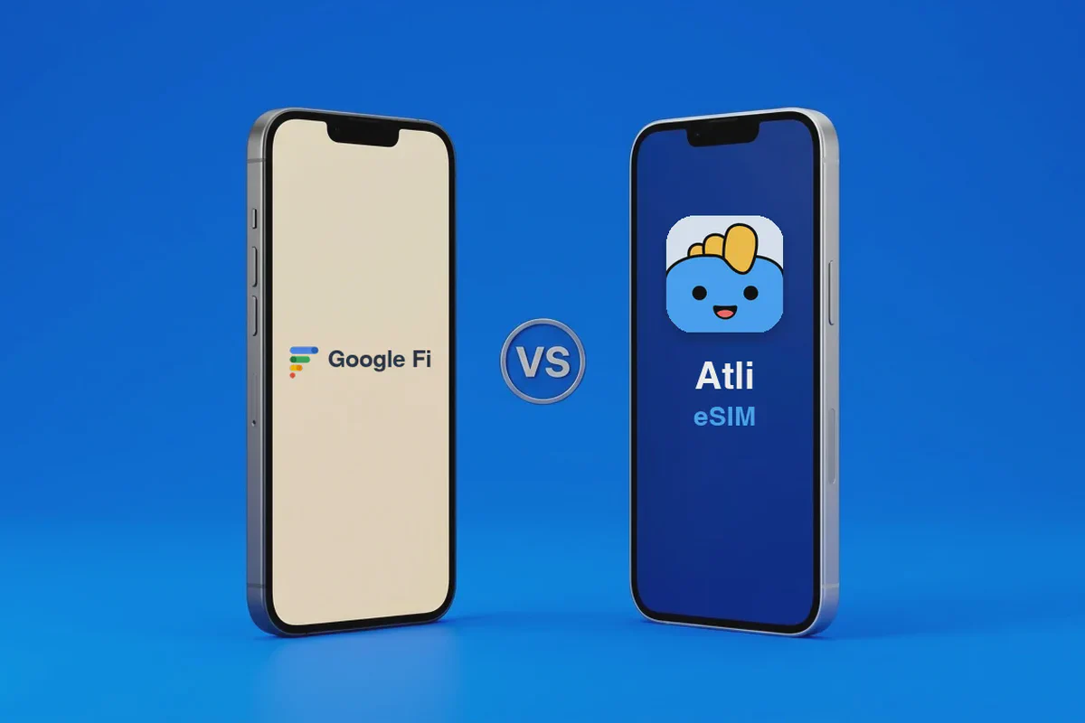 Mockup 3D di confronto tra smartphone con Google Fi e eSIM Atli su sfondo blu elettrico