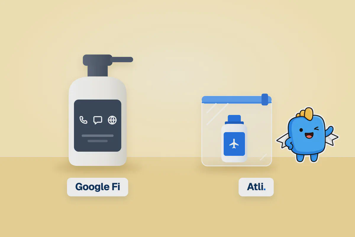 3D smartphone comparison mockup showing Google Fi and Atli eSIM on an electric blue background