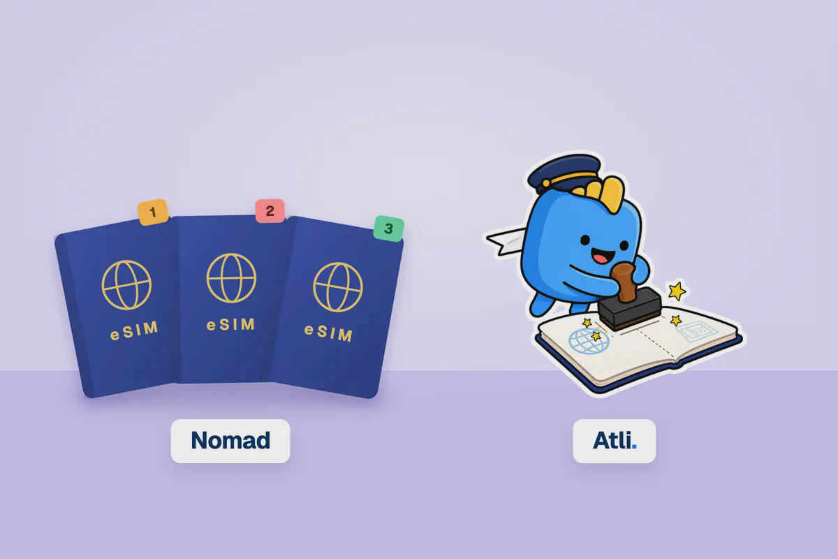 3D smartphone comparison mockup showing Nomad and Atli eSIM on an electric blue background