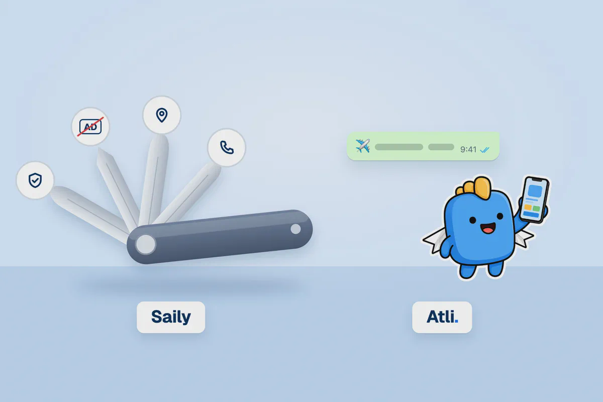 3D smartphone comparison mockup showing Saily and Atli eSIM on an electric blue background