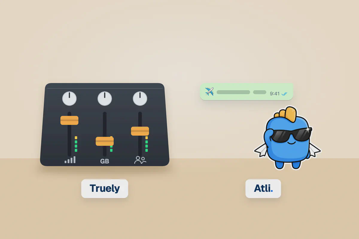 3D smartphone comparison mockup showing Truely and Atli eSIM on an electric blue background