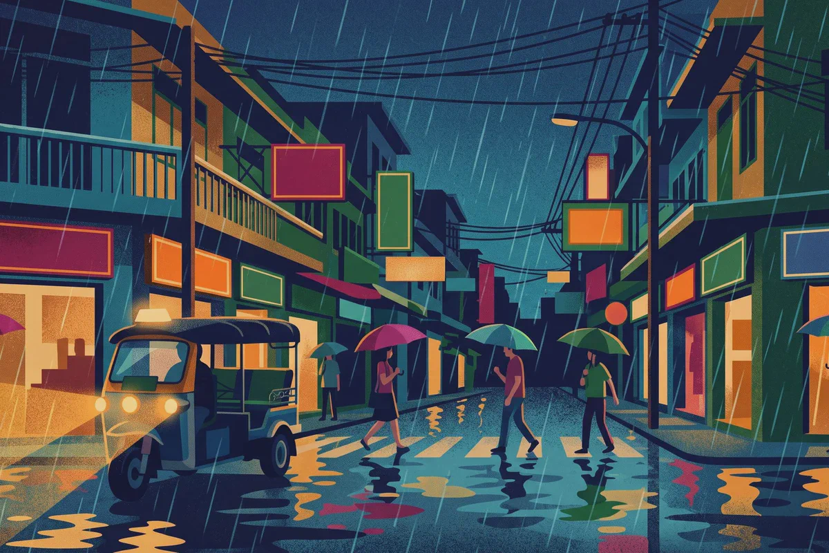 Illustrazione di una strada cittadina thailandese sotto la pioggia monsonica di notte, ombrelli e un tuk-tuk