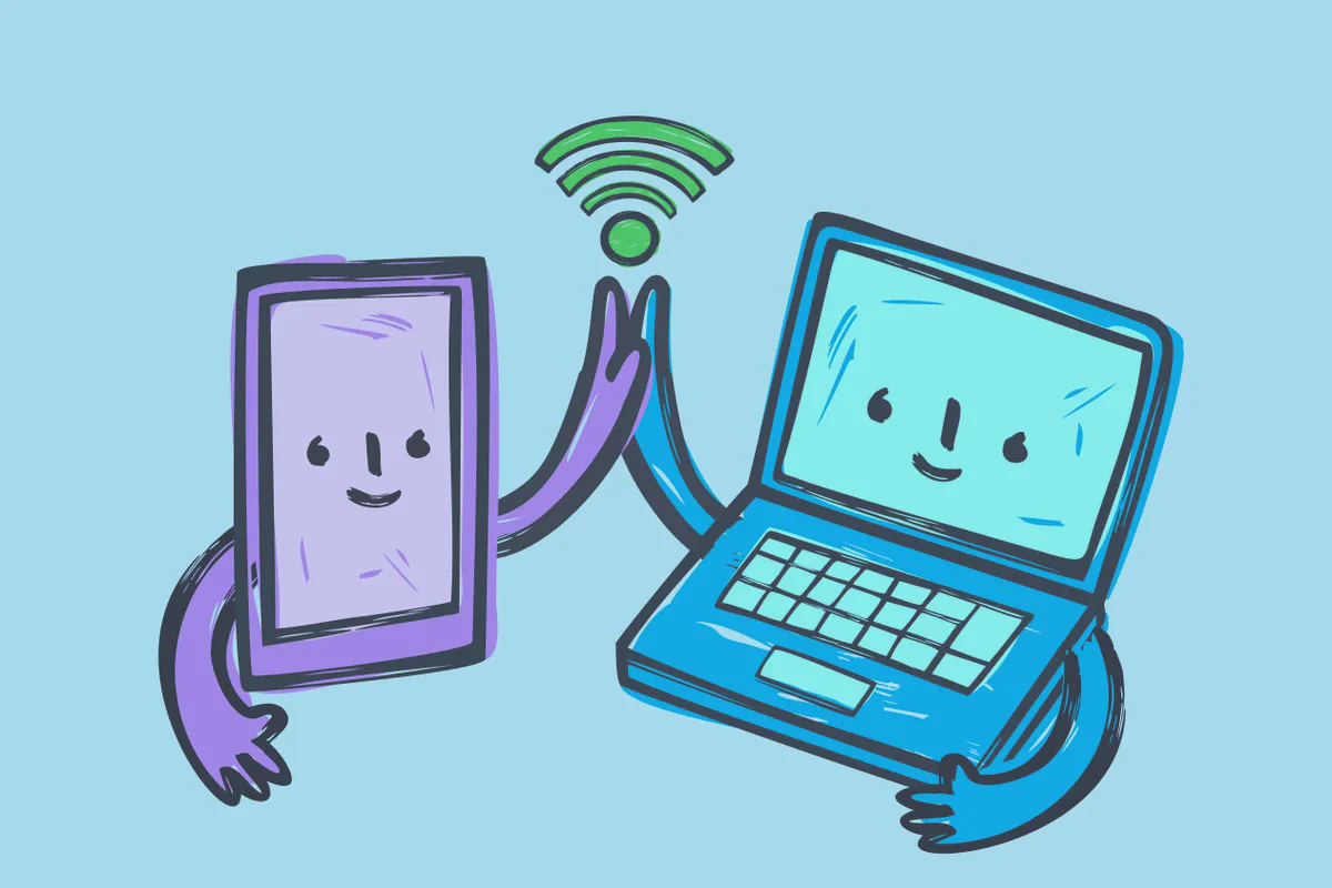 Un telefono e un portatile disegnati che battono il cinque sotto un simbolo wi-fi