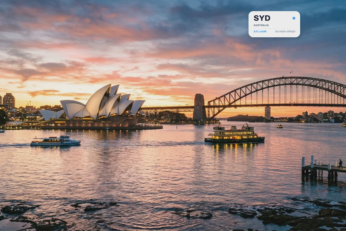 L'Opera House di Sydney e l'Harbour Bridge al tramonto, con una scheda eSIM Atli che mostra il codice aeroportuale SYD