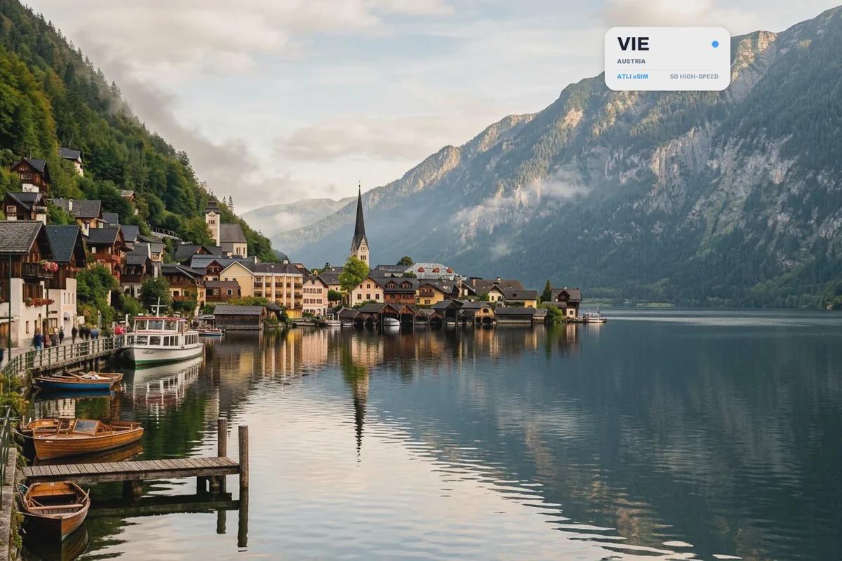 Il villaggio di Hallstatt sulla riva del lago, sotto le vette alpine, con una scheda eSIM Atli che mostra il codice aeroportuale VIE