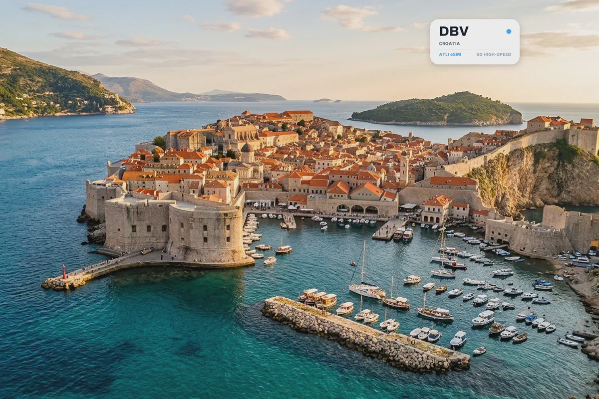 Il centro storico fortificato di Dubrovnik, sull'Adriatico, con una scheda eSIM Atli che mostra il codice aeroportuale DBV