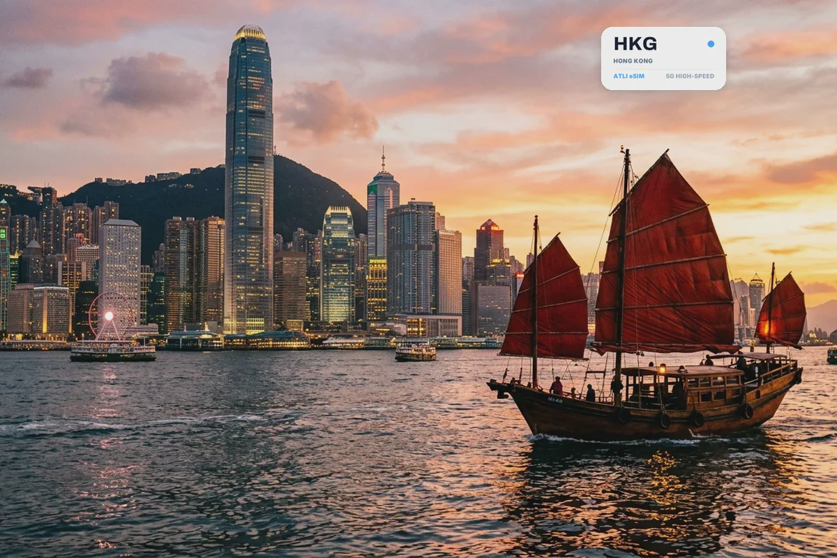 Una giunca dalle vele rosse attraversa il porto Victoria al tramonto, con una scheda eSIM Atli che mostra il codice aeroportuale HKG
