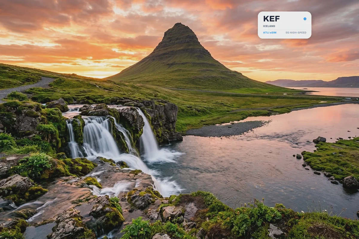 Il monte Kirkjufell e una cascata al tramonto, con una scheda eSIM Atli che mostra il codice aeroportuale KEF