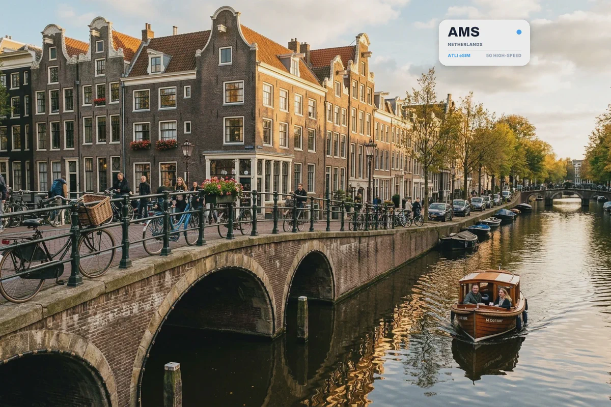 Un canale di Amsterdam con le biciclette parcheggiate sul ponte, con una scheda eSIM Atli che mostra il codice aeroportuale AMS
