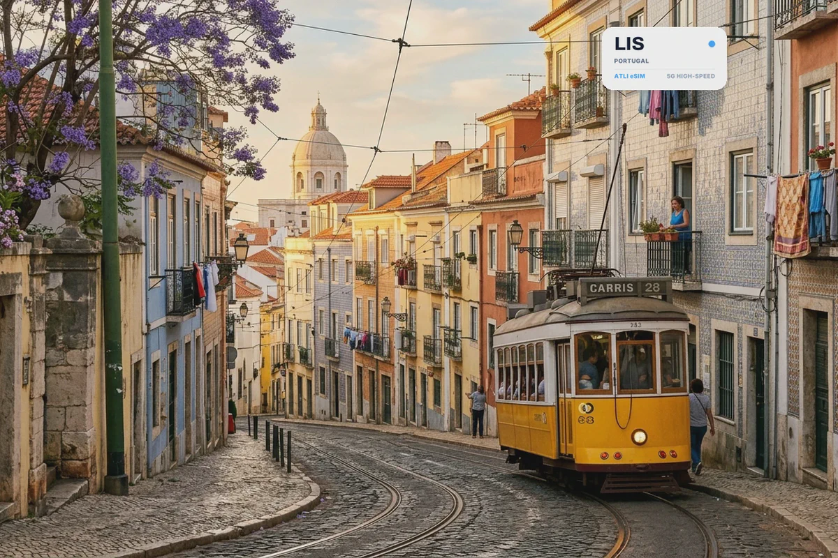 Un tram giallo che sale per una via di Lisbona, con una scheda eSIM Atli che mostra il codice aeroportuale LIS