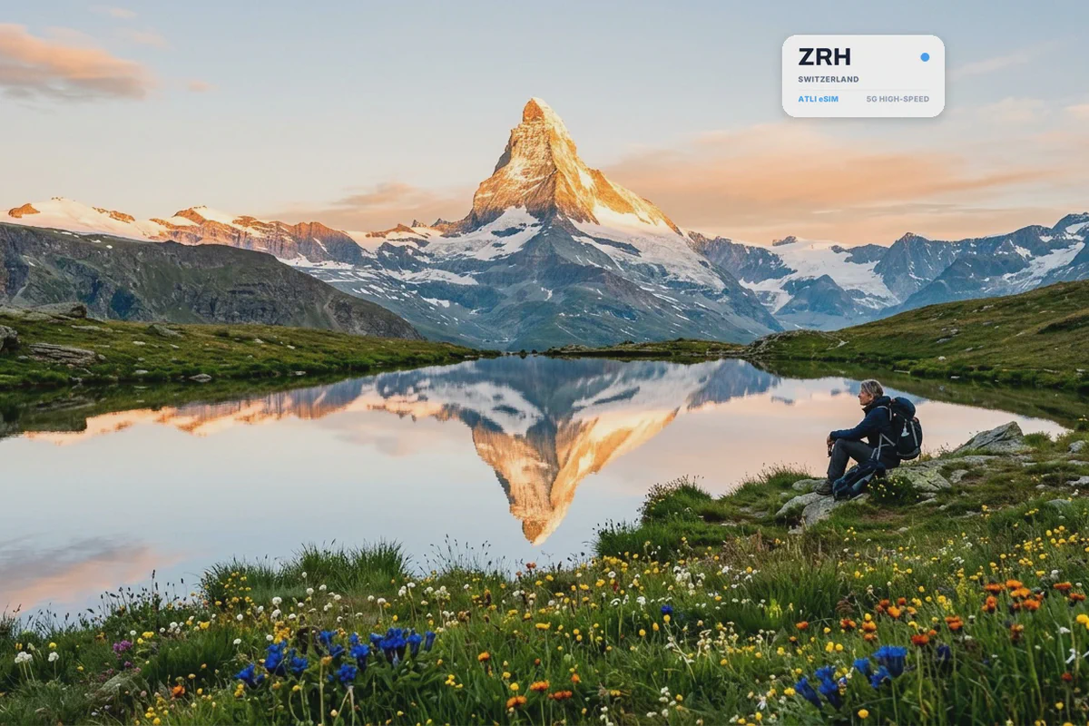 Il Cervino riflesso in un lago alpino, con una scheda eSIM Atli che mostra il codice aeroportuale ZRH