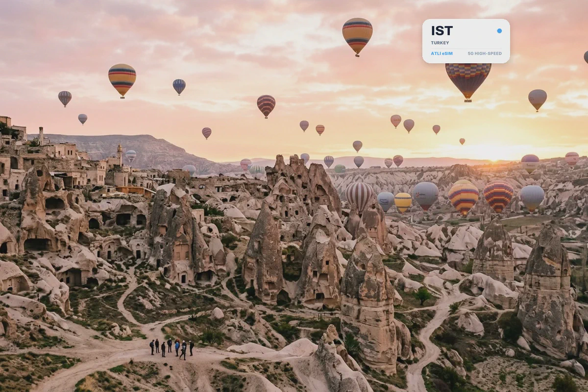 Mongolfiere sopra le valli rocciose della Cappadocia, con una scheda eSIM Atli che mostra il codice aeroportuale IST
