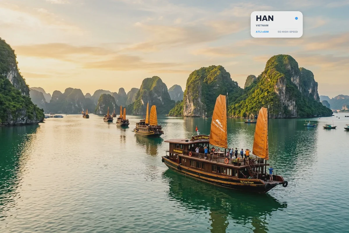Giunche tra i faraglioni calcarei della baia di Ha Long, con una scheda eSIM Atli che mostra il codice aeroportuale HAN