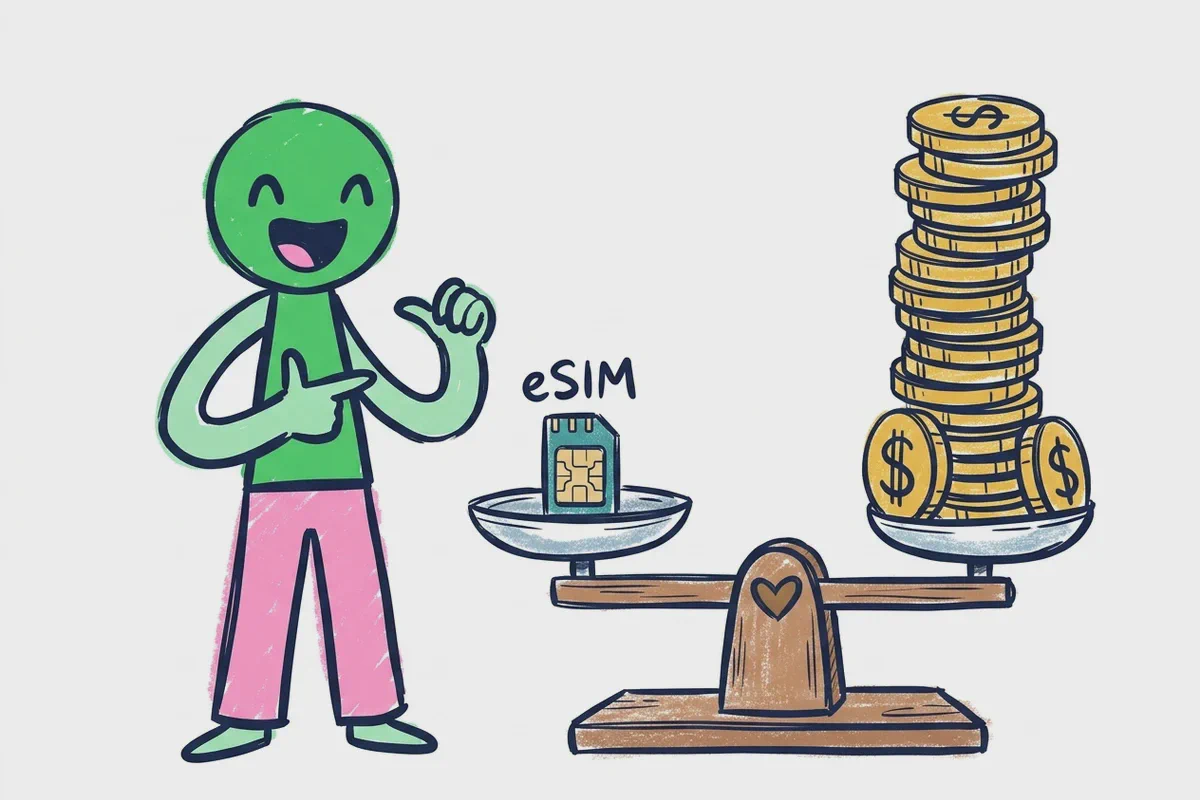 Un personaggio disegnato accanto a una bilancia che pesa una eSIM contro una pila di monete