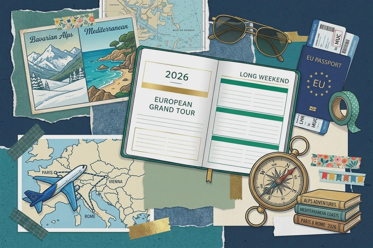 Una composizione con un'agenda 2026, passaporto, carte d'imbarco e una mappa dell'Europa
