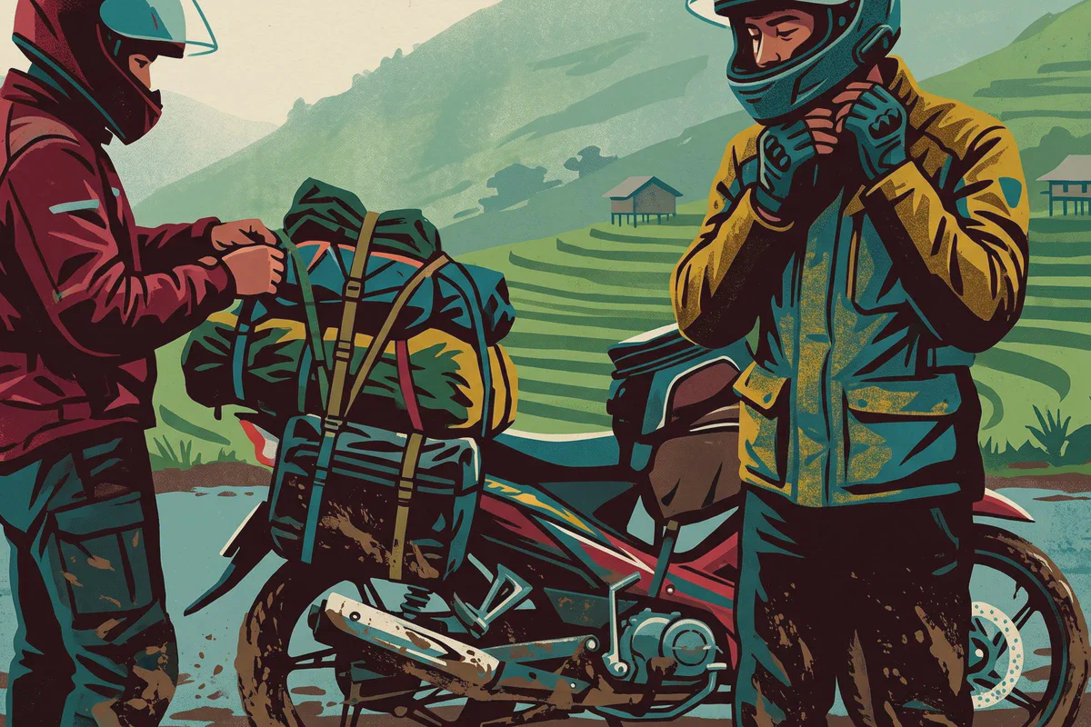 Ilustración de dos motoristas con casco cargando una moto en una carretera de montaña del norte de Vietnam