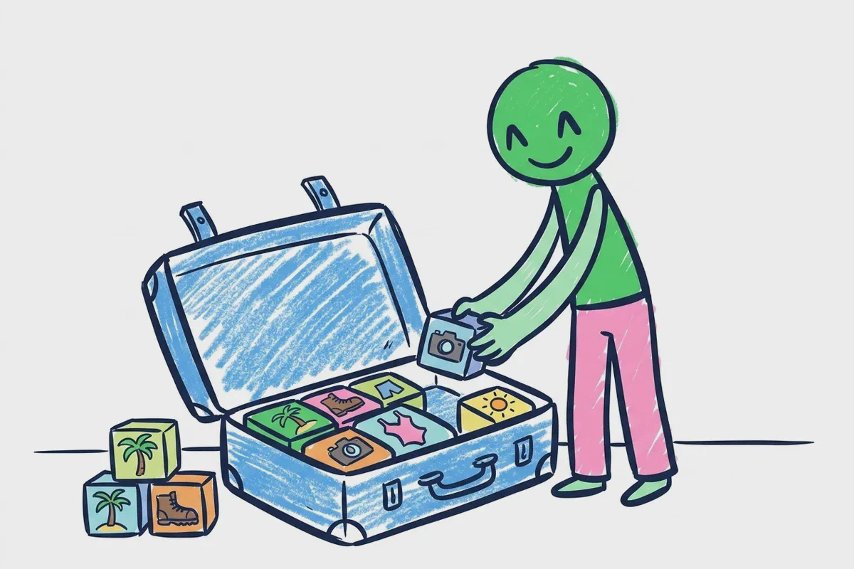 Un personaggio disegnato mette icone di app in una valigia aperta