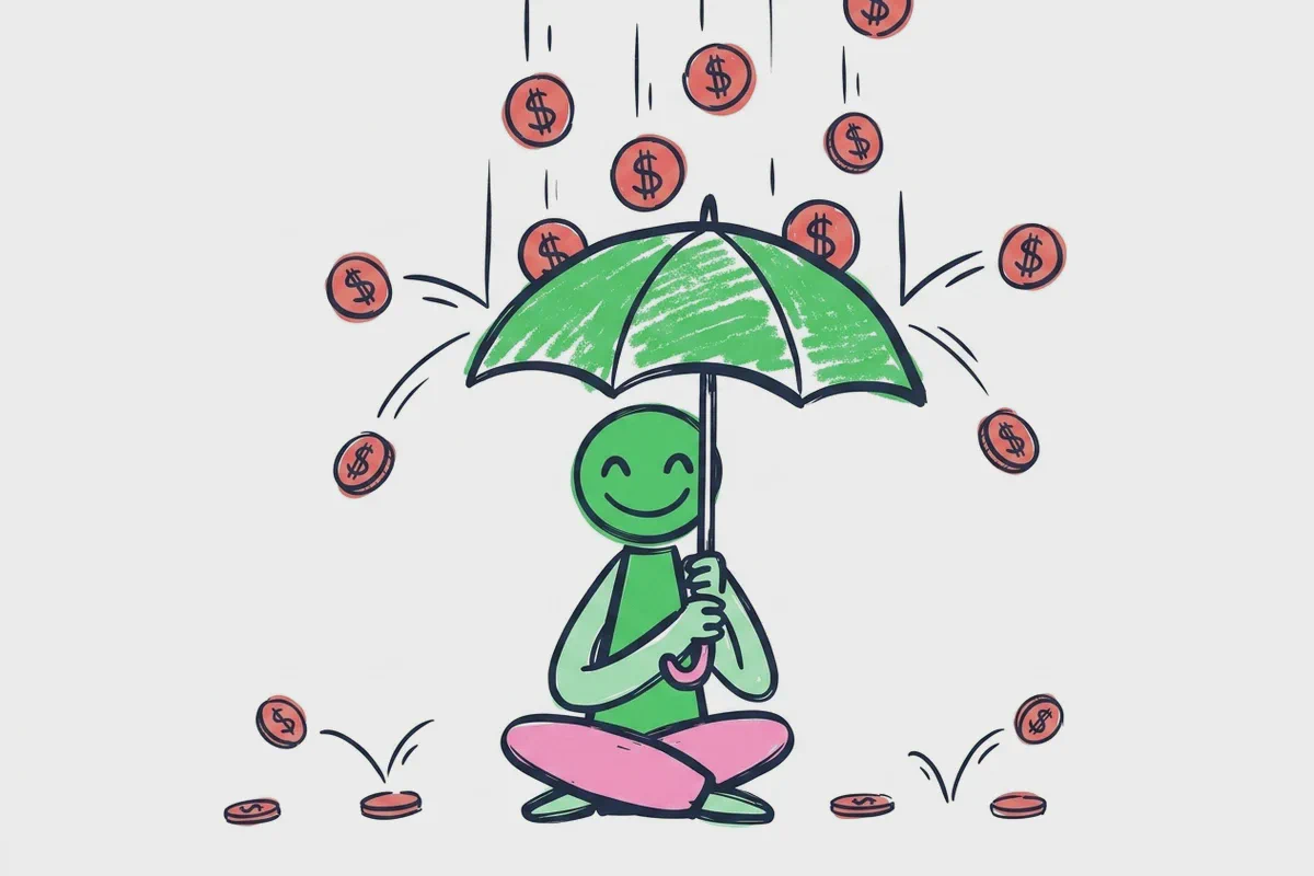 Un personaggio disegnato sotto un ombrello mentre piovono monete