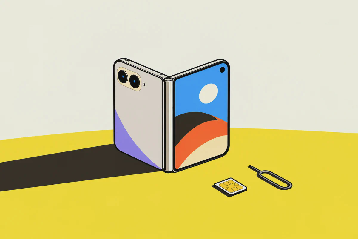 Um celular dobrável semiaberto sobre uma mesa, com um nano SIM e um alfinete de bandeja largados ao lado, sem uso