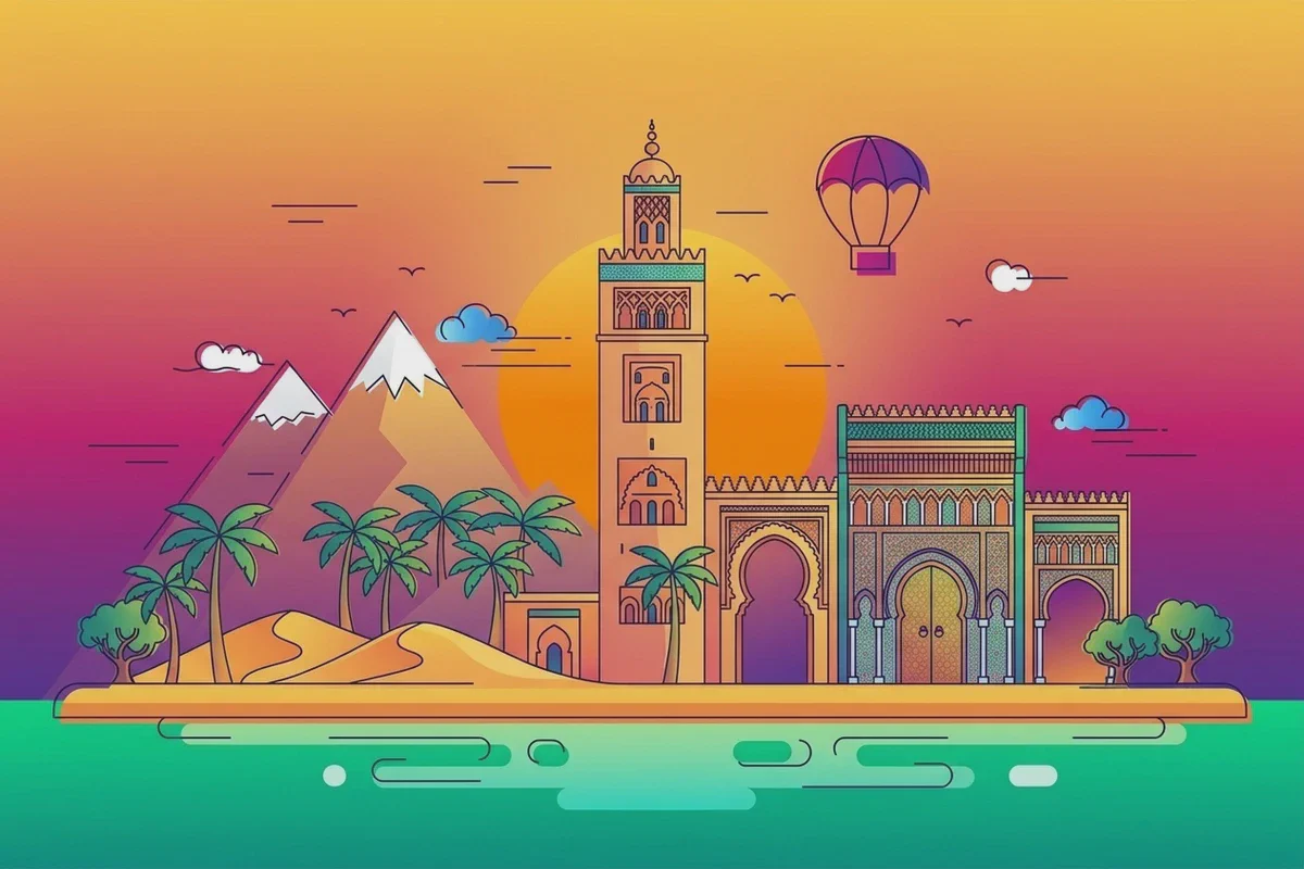 Un'illustrazione piatta dei monumenti di Marrakech su un gradiente al tramonto