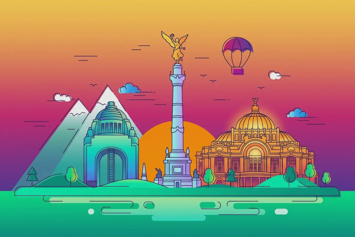 Un'illustrazione piatta dei monumenti di Città del Messico su un gradiente al tramonto