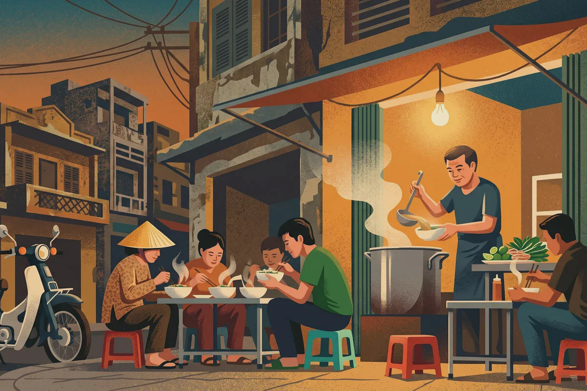 插画:黄昏时分,人们坐在越南街边小摊的矮凳上吃饭