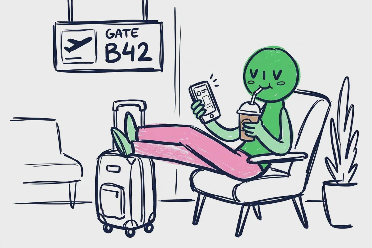 Un personaggio disegnato con una bibita e il telefono accanto al cartello del gate