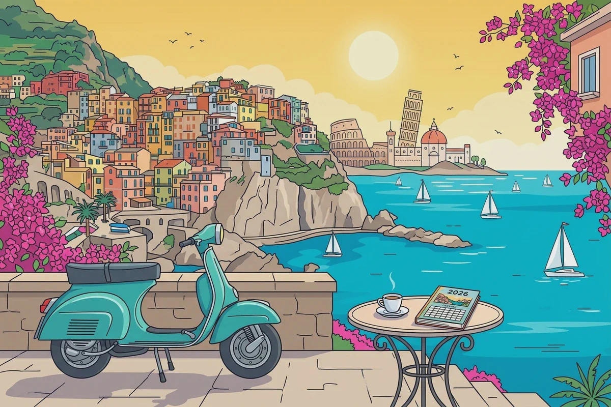 Una costa italiana illustrata con uno scooter e un tavolino da bar
