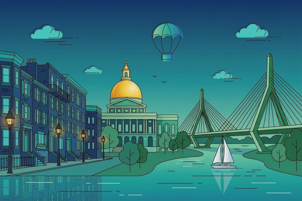 Un'illustrazione piatta dello skyline di Boston di notte, con la cupola dello State House