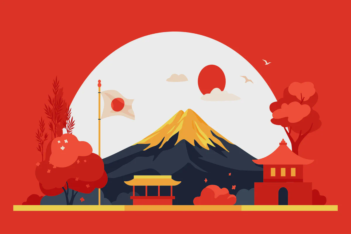 Un'illustrazione piatta in rosso del monte Fuji, una pagoda e la bandiera giapponese