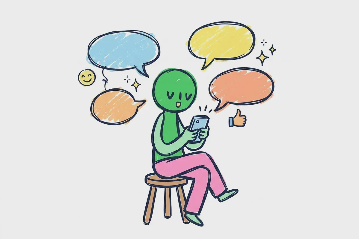 Un personaggio disegnato su uno sgabello circondato da fumetti di chat