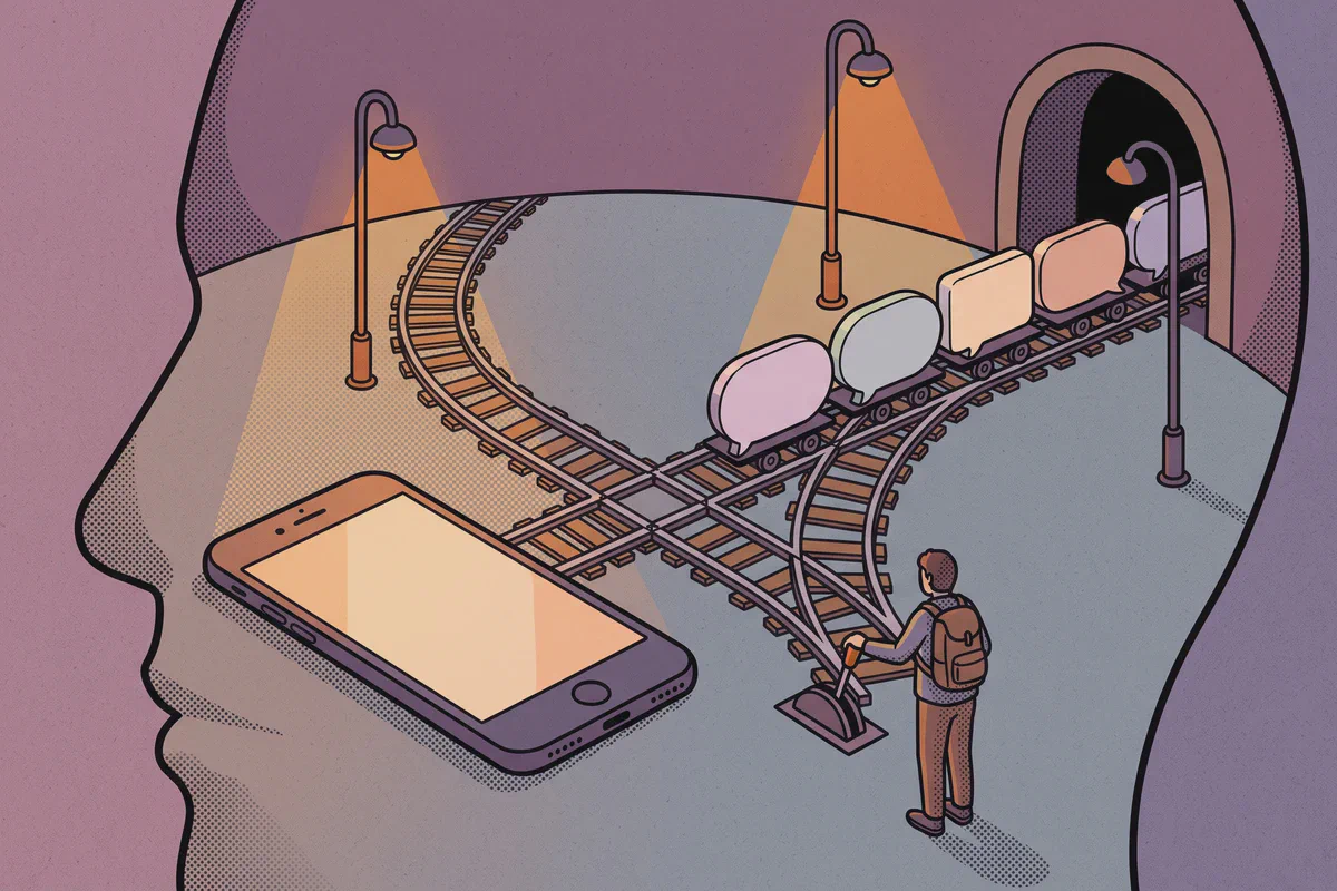 A traveller at a railway lever as a train of speech bubbles heads into a dark tunnel instead of towards a glowing phone, inside a large head silhouette