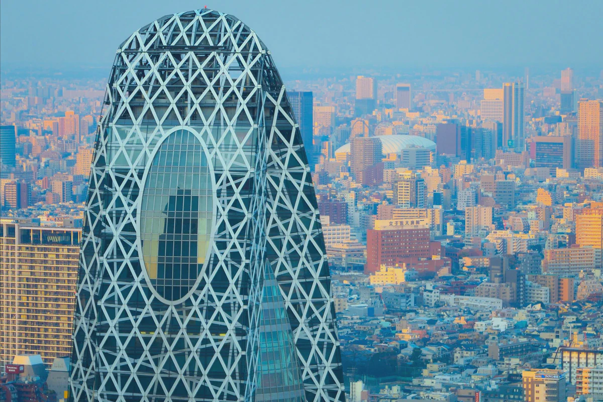 The Cocoon Tower above the low sprawl of Nishi-Shinjuku in early light