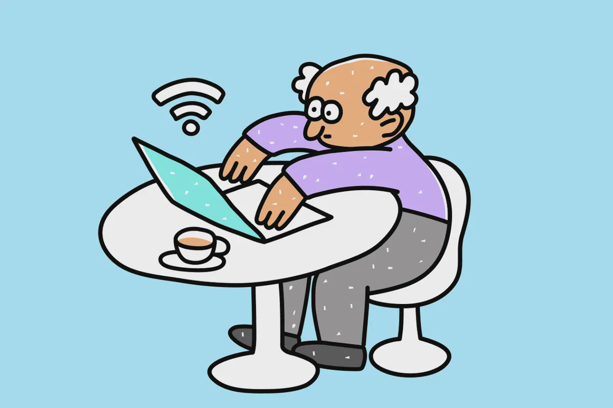 Un uomo disegnato guarda contrariato un computer sotto un debole simbolo Wi-Fi