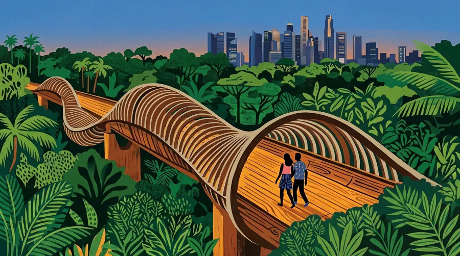 Illustrazione di una passerella di legno ondulata sopra la volta della foresta, con una coppia che attraversa una delle onde