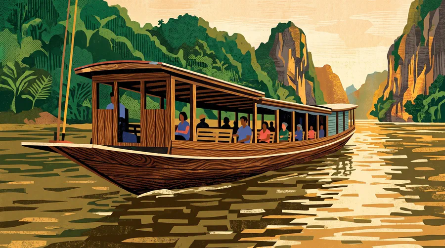 Illustration of a long wooden slow boat with bench passengers under its roof, limestone banks sliding past