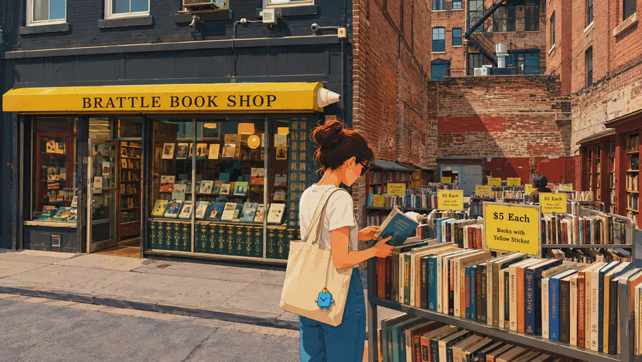 A browser at the Brattle Book Shop outdoor carts, beside the signs marking the cheap shelves