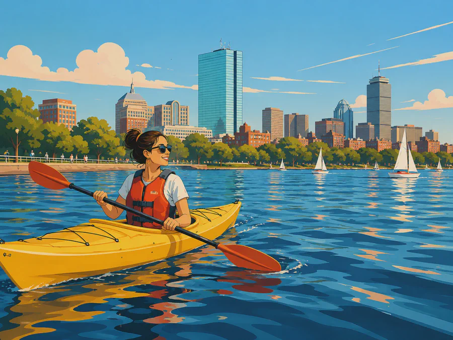 A kayaker on the Charles River with sailboats and the Back Bay skyline behind
