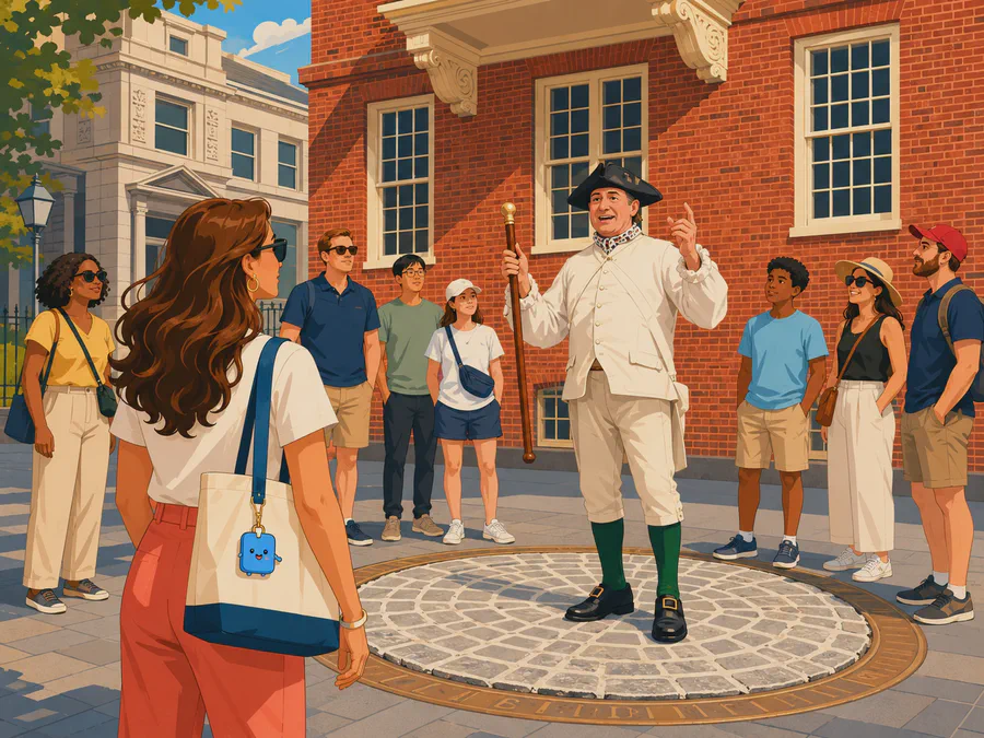 A costumed guide talking to a small group beside a brick marker on the Freedom Trail
