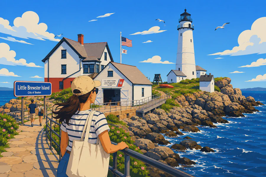 Boston Light and the Coast Guard station on Little Brewster Island, seen from the shore path