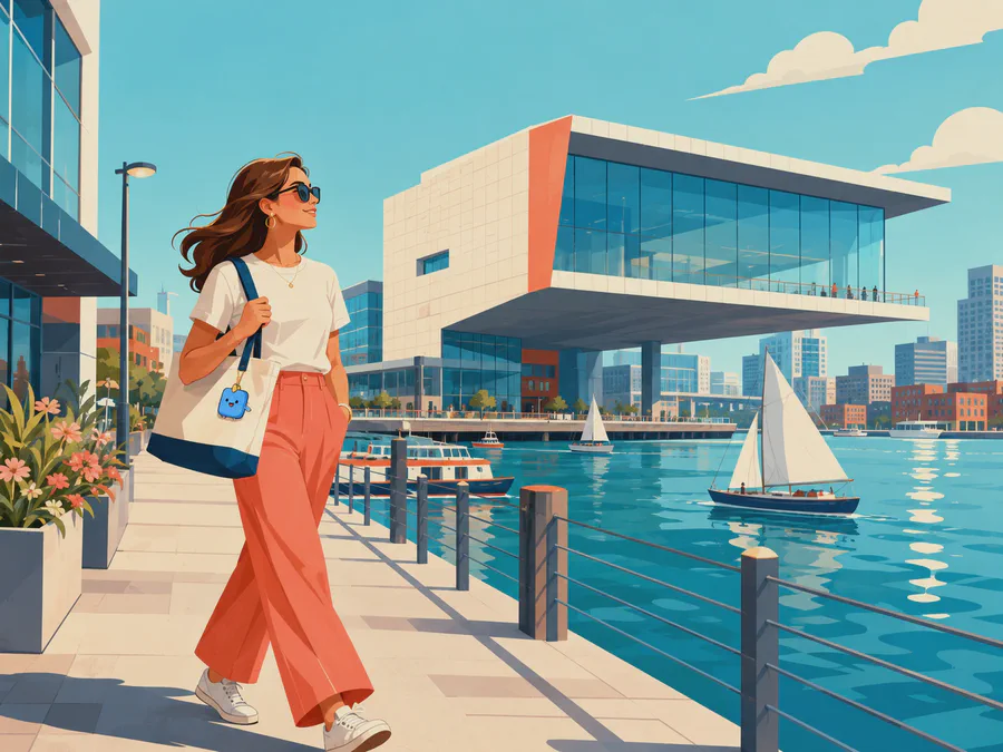 A walker on the Harborwalk with the ICA cantilevered glass gallery out over the water