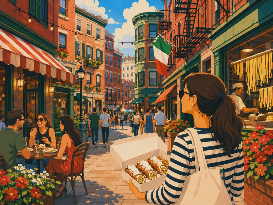 An open box of cannoli on a busy North End street, with cafe tables and an Italian flag