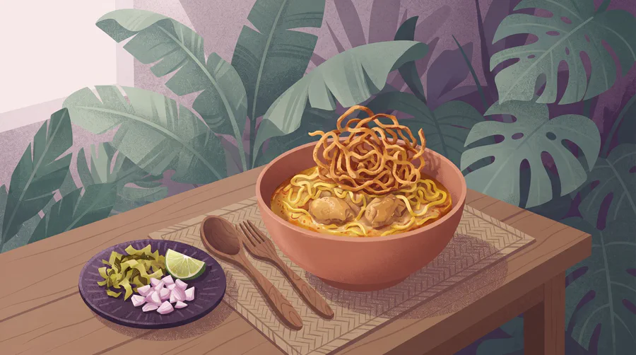 Illustrazione di una ciotola di khao soi con noodles croccanti e un piatto di senape in salamoia, scalogni e lime