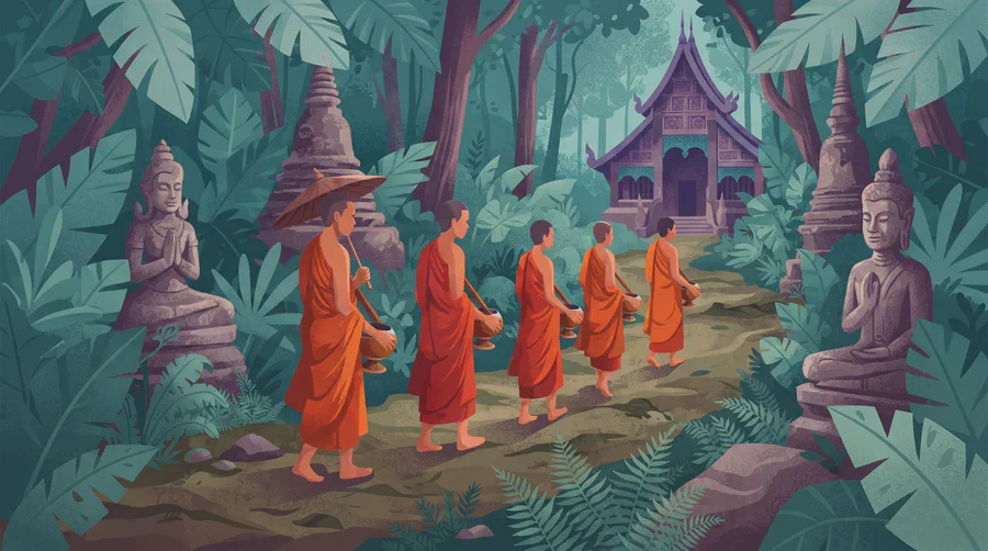 Illustrazione di monaci su un sentiero nel bosco verso un tempio lanna