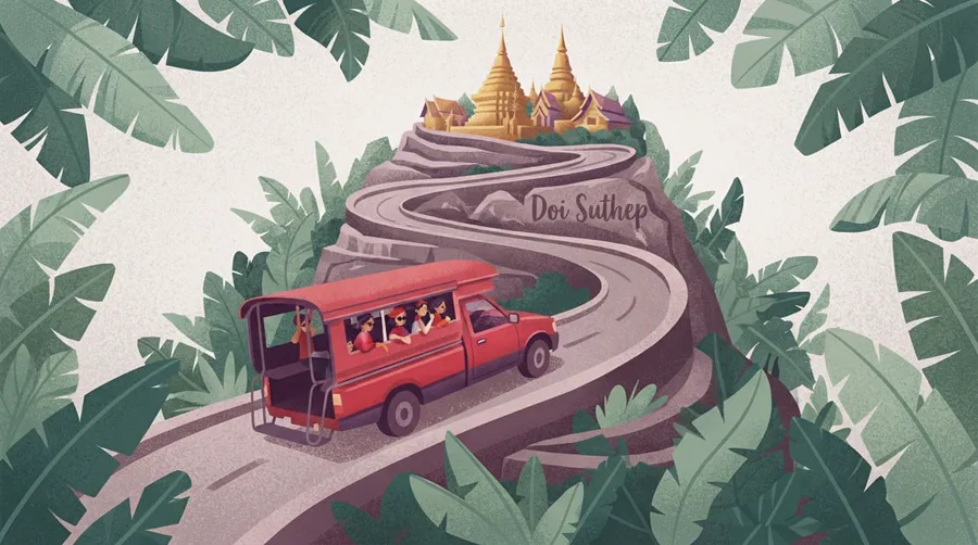 Illustrazione di un songthaew rosso sulla strada a tornanti per il Doi Suthep