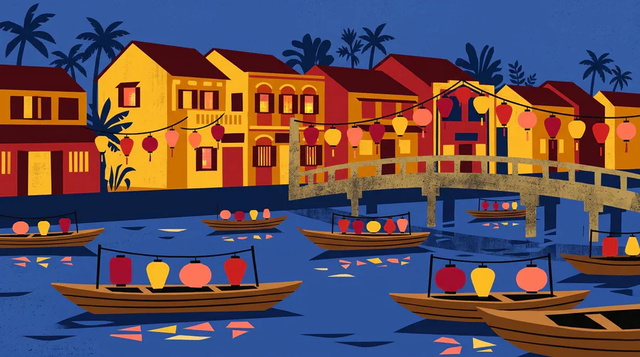 Illustrazione di barche con lanterne su un fiume notturno sotto case-bottega gialle, lanterne di carta sospese sopra