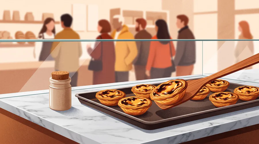 Illustration of a tray of custard tarts behind bakery glass, one lifted on a wooden spatula, a queue blurred beyond